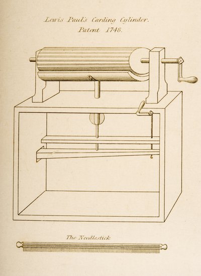 Zeichnung des Kardierzylinders von Lewis Paul, patentiert 1748, ca. 1830 (Lithographie) von Joseph Wilson Lowry